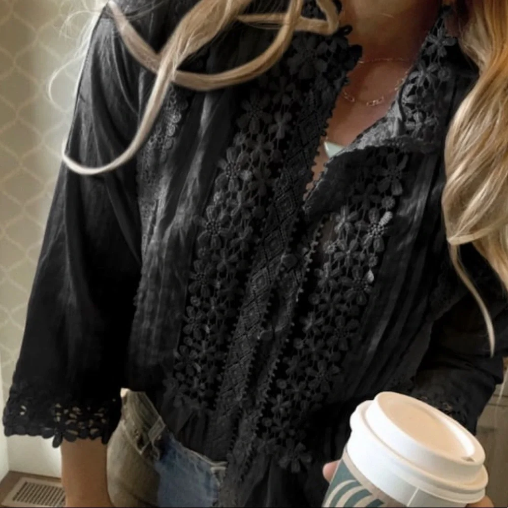 New Bohemian Black Lace Button Front Blouse /  Top Summer Dress Vintage Shirt - Picture 8 of 10